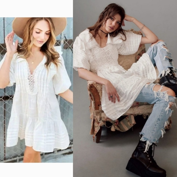 Free People Women's Elora Tonal Windowpane Check Minidress White Size Small